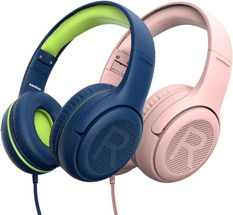 awatrue Kids Headphones Wired Toddler Headphones with Microphone, Over-Ear Headphones, 85/94dB Volume-Limiting, 3.5mm Jack, Foldable On-Ear Design (Bluegreen+Pink) - Image 1